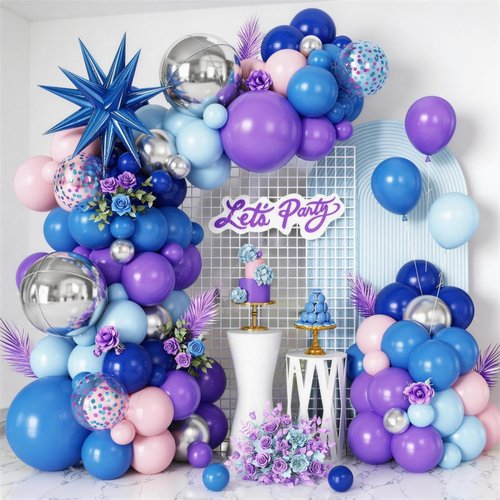 Blue Purple Silver Balloon Arch Garland Kit - Star Foil & 4D Round Balloons for Baby Shower & Birthday Party Decorations