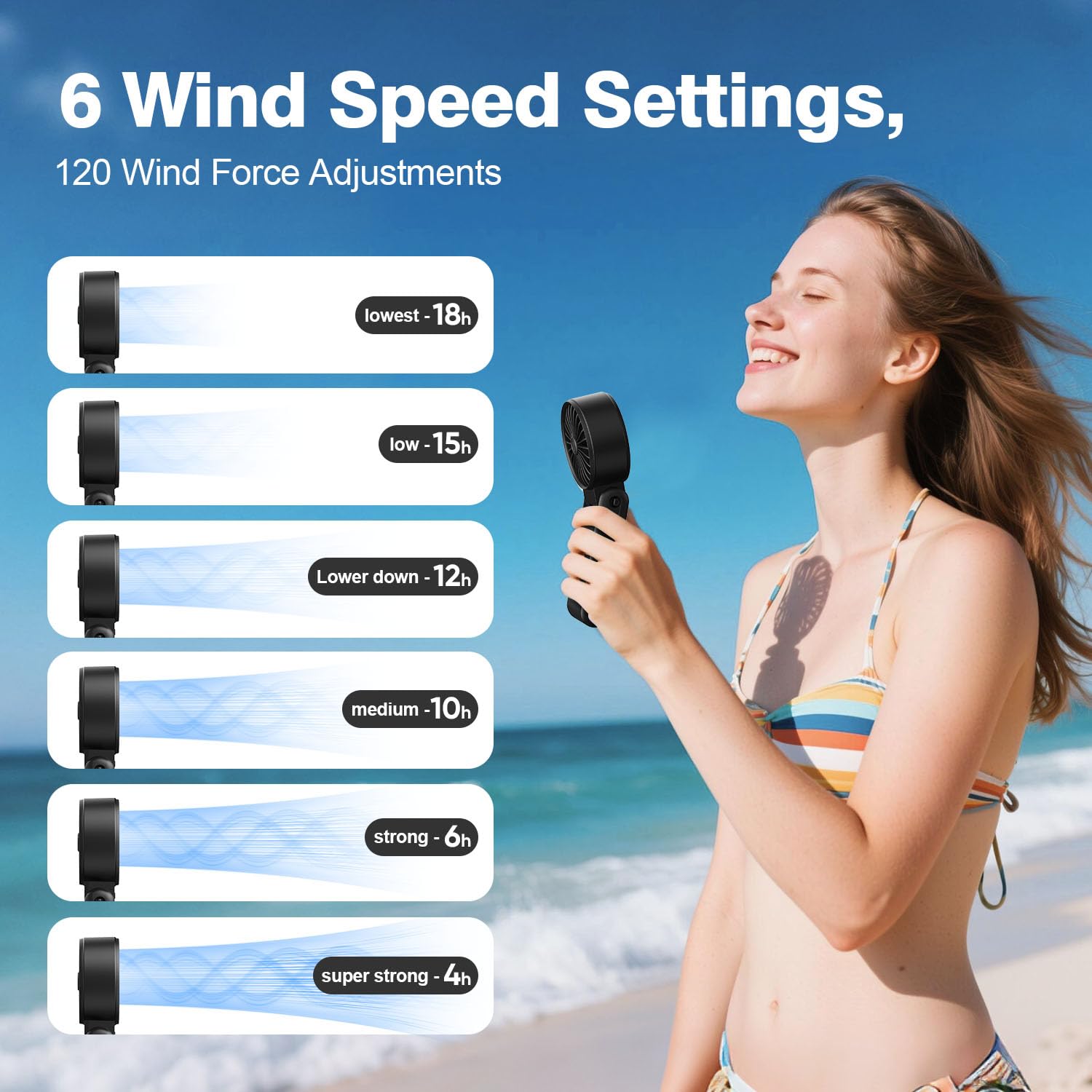 K-RUNMAN Portable Handheld Fan, 4000mAh Rechargeable, 6 Speed Settings, LCD Display, 3-in-1 Foldable Mini Desk Fan with Lanyard (BLACK)