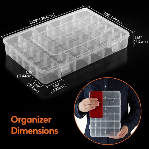Lifewit 36-Grids Clear Plastic Organizer Box - Stackable Storage with Adjustable Dividers & Labels | 2-Pack for Crafts, Jewelry & More