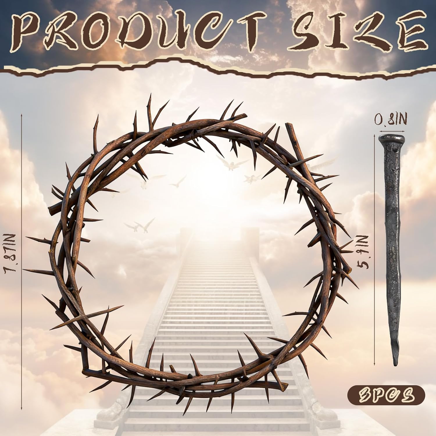 Skiennix Crown of Thorns - 4 Pieces with Crucifixion Nails | Christian Easter Home Decor