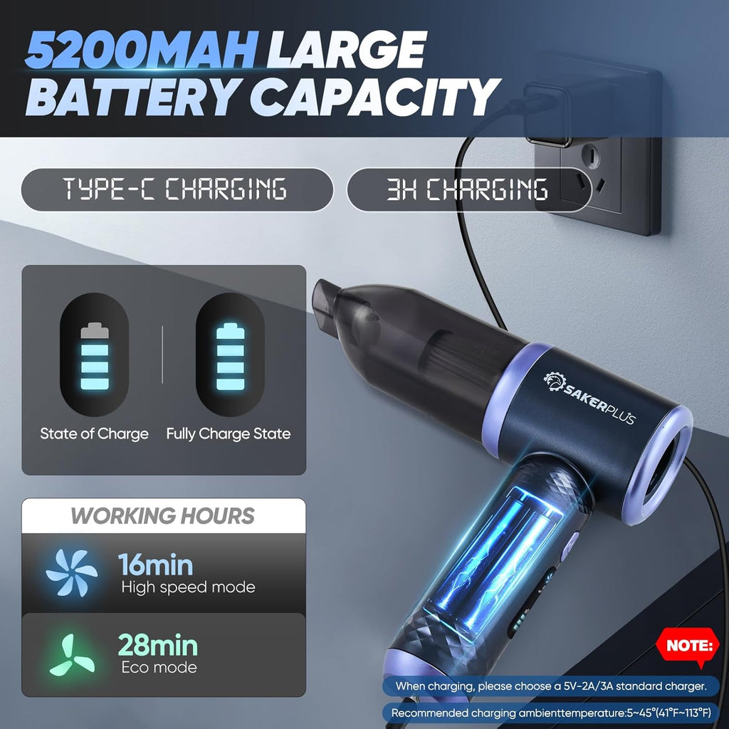 SakerPlus Car Vacuum Cleaner - 3-in-1 Cordless Handheld with 13000Pa Power | Adjustable & Portable for Cars