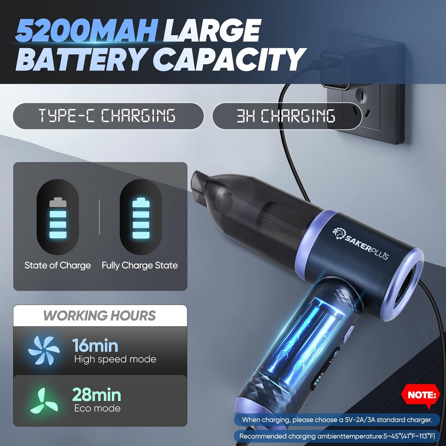 SakerPlus Car Vacuum Cleaner - 3-in-1 Cordless Handheld with 13000Pa Power | Adjustable & Portable for Cars