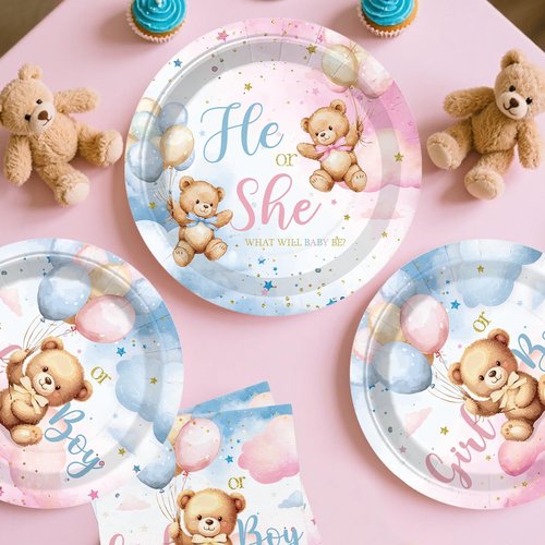 cocomigo 232pcs Bear Gender Reveal Decorations Complete Party Set, He or She Baby Gender Reveal Decorations, Boy or Girl Bear Theme Party Supplies, Serves 20 Guests