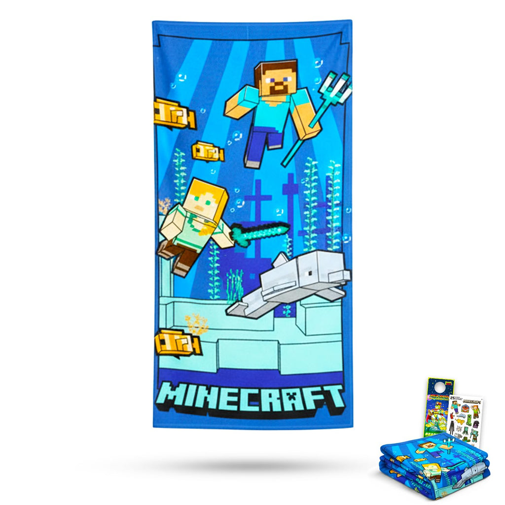 Minecraft Beach Towel Set - Bundle with Steve and Alex Gamer Pool Towel Plus Stickers and More | Minecraft Beach Towel for Kids and Adults