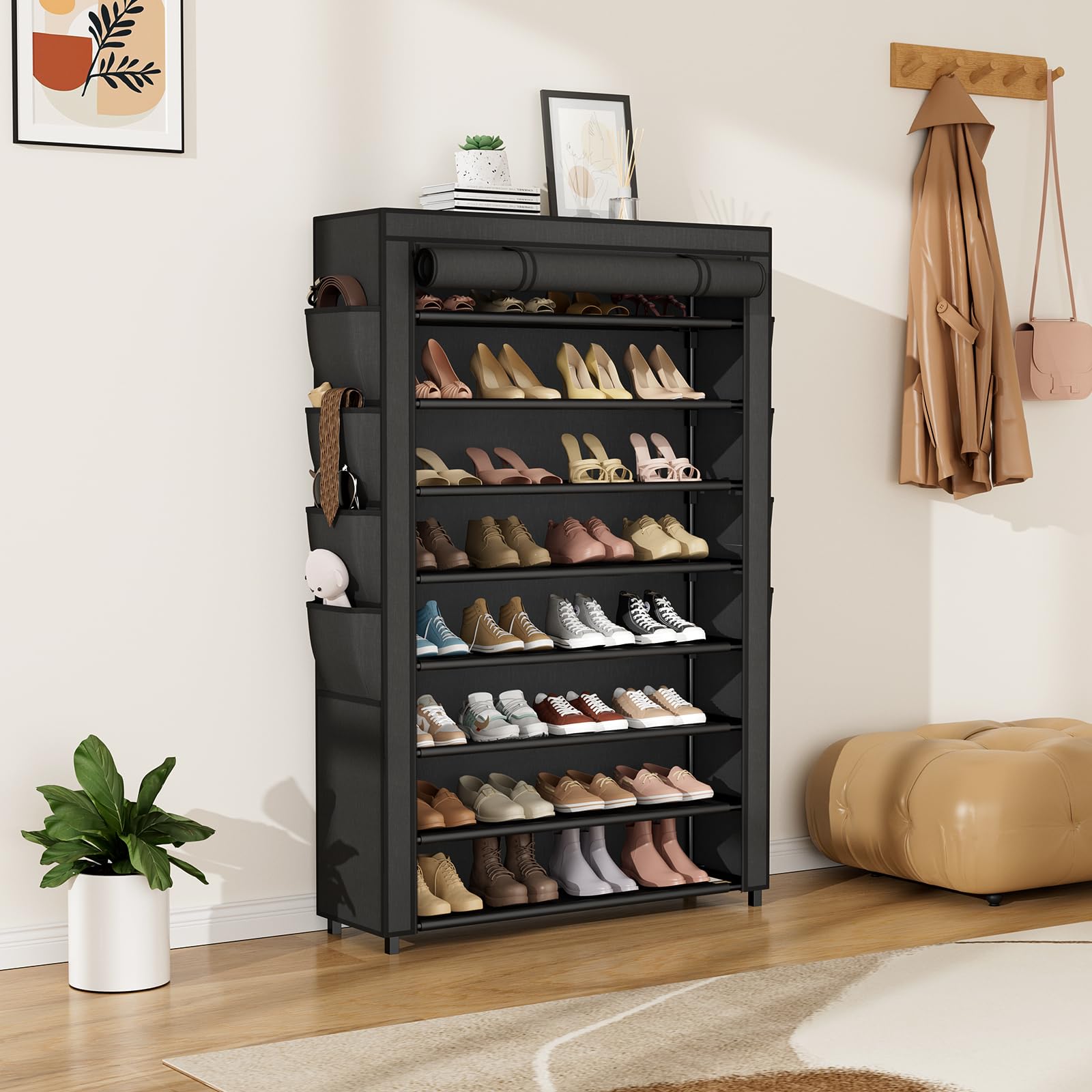 VILICK Shoe Rack with Cover, 8 Tier Tall Shoe Organizer Storage for 36-45 Pair Shoes and Boots Large Shoe Storage Shelf Free Standing Shoe Rack for Closet, Front Door Entrance, Dorm, Garage