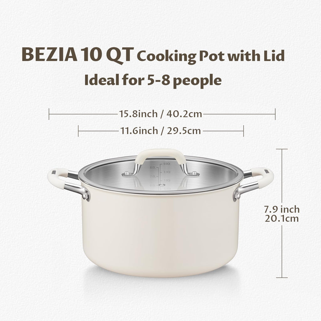 10 Quart Nonstick Stock Pot with Lid, BEZIA Fully-Clad 3-Ply Stainless Steel Pots, Induction Soup Pot with Lid, Kitchen Cooking Pots with Silicone Handle, for All Cooktops, Free of PTFE/PFOA/PFOS