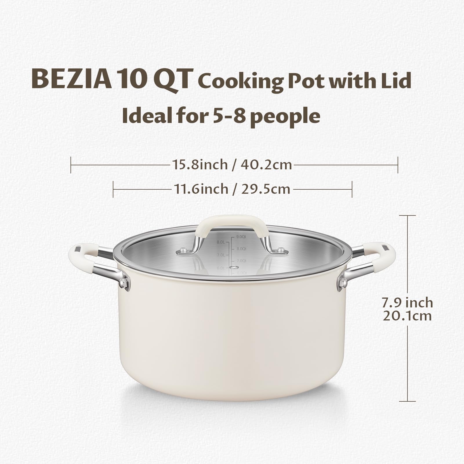 10 Quart Nonstick Stock Pot with Lid, BEZIA Fully-Clad 3-Ply Stainless Steel Pots, Induction Soup Pot with Lid, Kitchen Cooking Pots with Silicone Handle, for All Cooktops, Free of PTFE/PFOA/PFOS