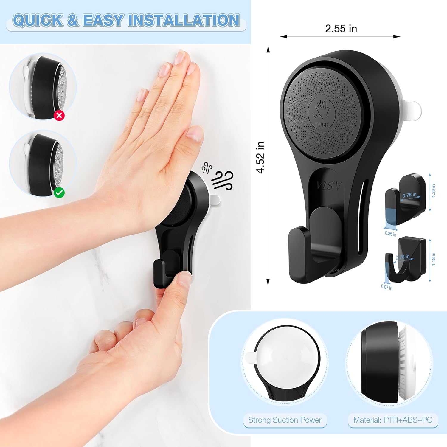 VIS'V Heavy-Duty Shower Suction Cup Hooks - Removable & Reusable, Black | 2 Pcs
