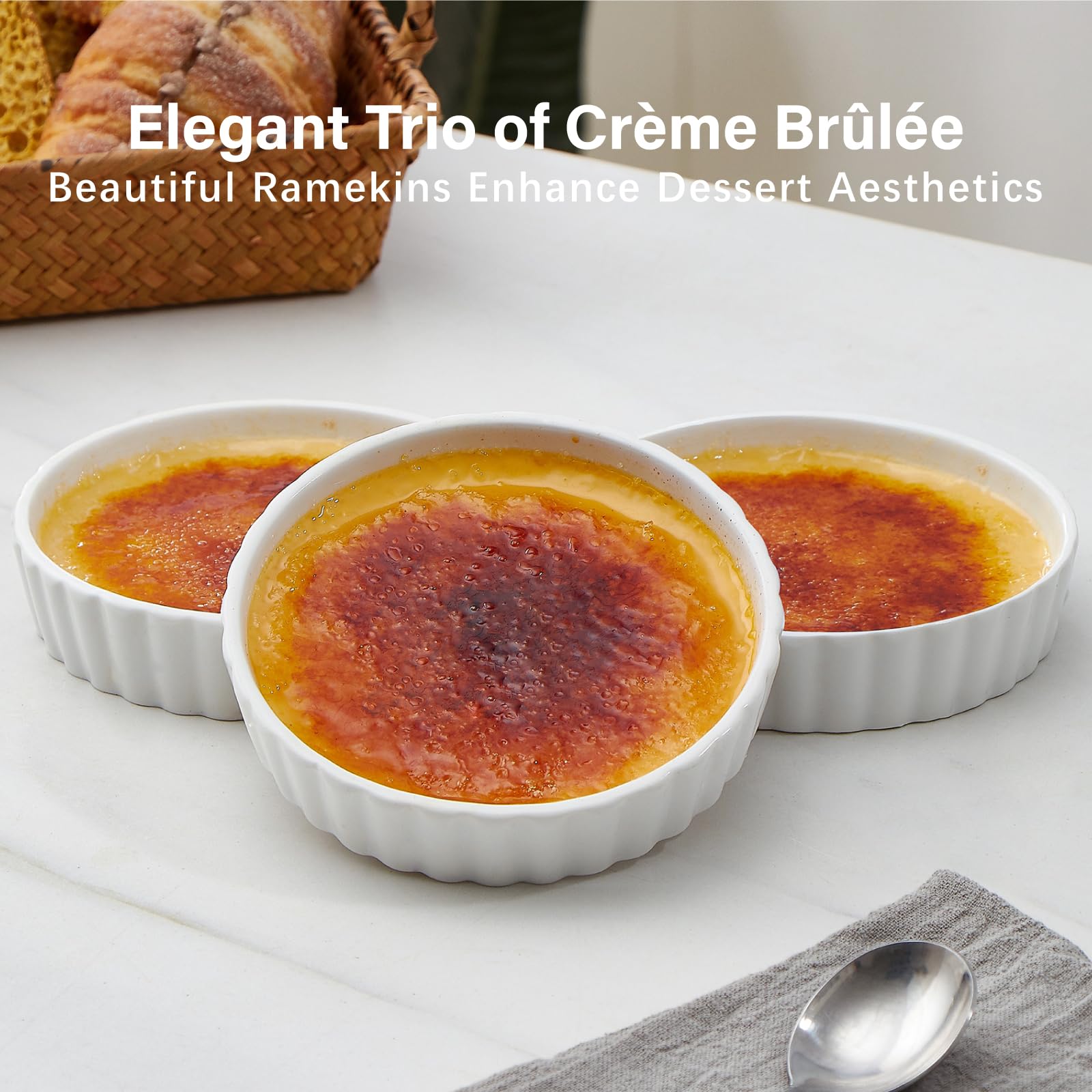 ONEMORE Ramekins, Creme Brulee Ramekins 8 oz Oven Safe White Porcelain Small Baking Dishes for Individual Serving, Fluted Shallow Soufflé Dishes Quiche Dish Mini Tart Pans Sauce Ramekin Set of 6