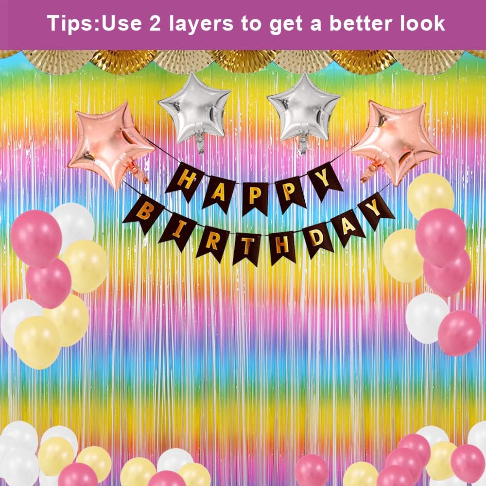 Skiennix Fringe Curtains - Tinsel Backdrop Decorations for Parties & Events | 3 Pack Macarone Rainbow