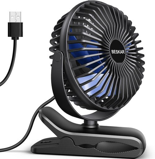 BESKAR Portable USB Clip-On Fan - 3 Speed Strong Airflow | Quiet Personal Desk Fan with Sturdy Clamp