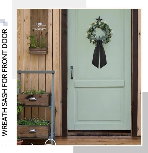 Black Wreath Sash Set by [Brand Name] - Elegant Linen Ribbon Bow for Front Door & Porch Decor