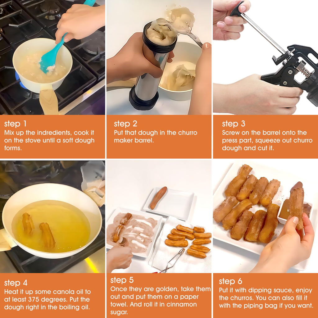 Churro Maker Machine, 21-Piece Stainless Steel Churro Gun Kit, Churros Maker Gun, Cookie Press Set, Hollow Churro, Spritz Cookie Press Gun with Piping Bag, Filler, 6 Tips, 9 Discs, 2 Brushes