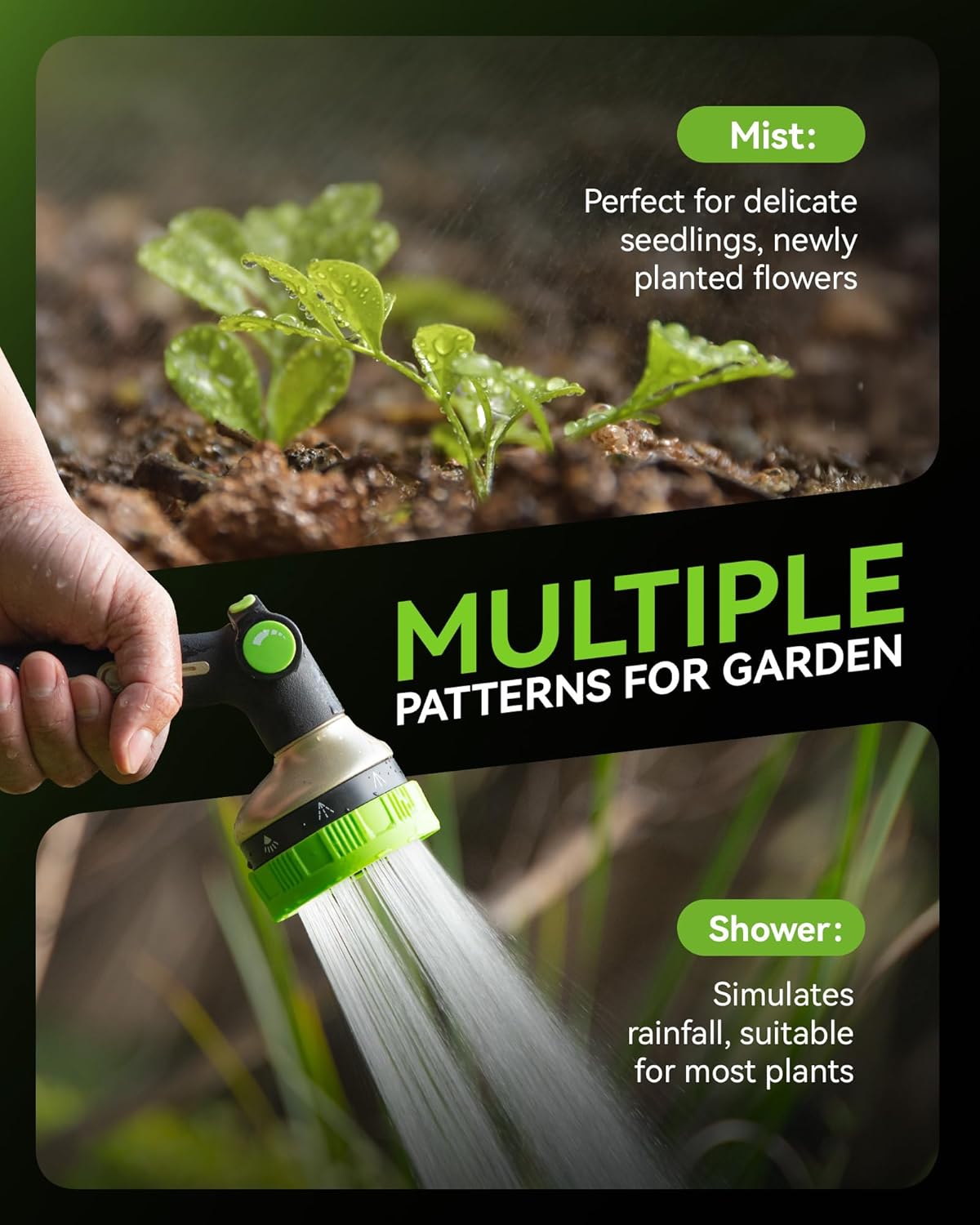 RAINPOINT Hose Sprayer Nozzle - Heavy Duty Garden Hose Nozzle with 8 Spray Patterns & Adjustable Flow Control | Green