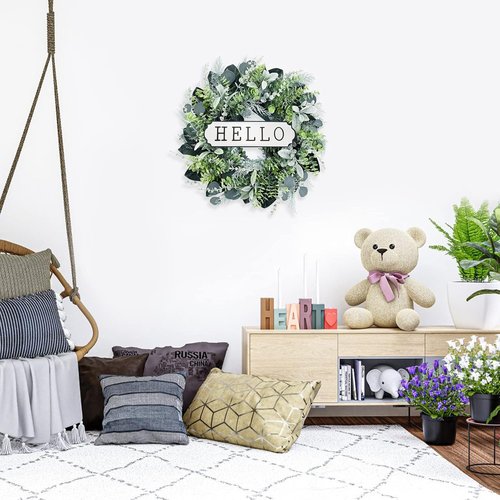 Hello 24-Inch Boxwood Wreath - Farmhouse Eucalyptus & Flocked Lamb's Ear for Front Door Decor