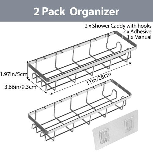 Uninol Shower Caddy Organizer with Hooks,Self Adhesive Bathroom Shelves,No Drilling Bathroom Organizers and Storage,Perfect for RV, Apartment, Home Decor,2 Pack Silvery