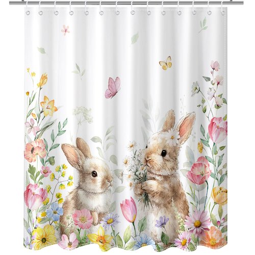 Mocsicka Spring Easter Shower Curtain Funny Cute Bunny Floral Bath Curtain Waterproof Spring Floral Wildflowers Shower Curtain for Bathroom Decor 72 X 72 Inch