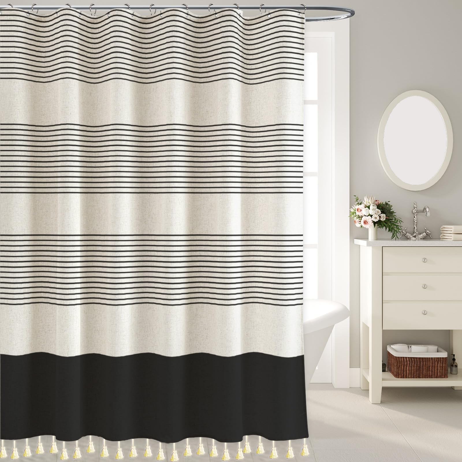 WOUVMA Boho Shower Curtains for Bathroom with Tassels Black Farmhouse Striped Shower Curtain Beige Rustic Linen 72x72 Inches