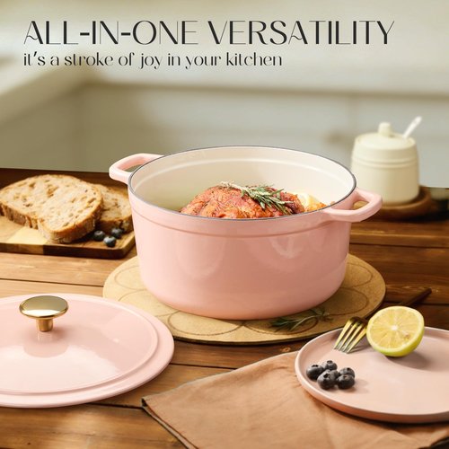 CAROTE 5QT Enameled Cast Iron Dutch Oven Pot with Lid, Heavy-Duty Dutch Ovens for Sourdough Bread Baking, Braising, Roasting, Dual Handles, Healthy & Non-Toxic, All Stovetop Compatible, Oven Safe up to 500° F, Macaron Pink