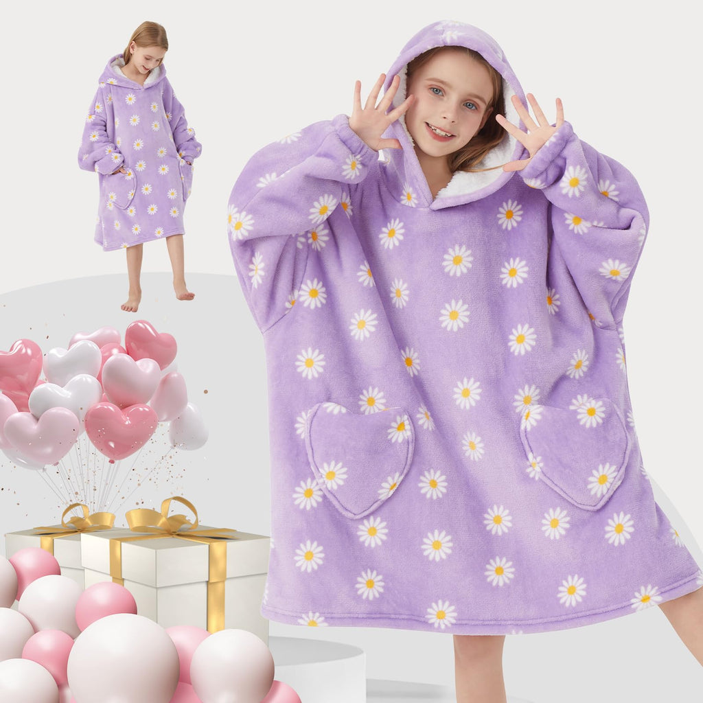 Wearable Blanket Hoodie for Kids Oversized Sherpa Blanket Hoodie for Kids Boys Girls Teens 6-13YR,Daisy