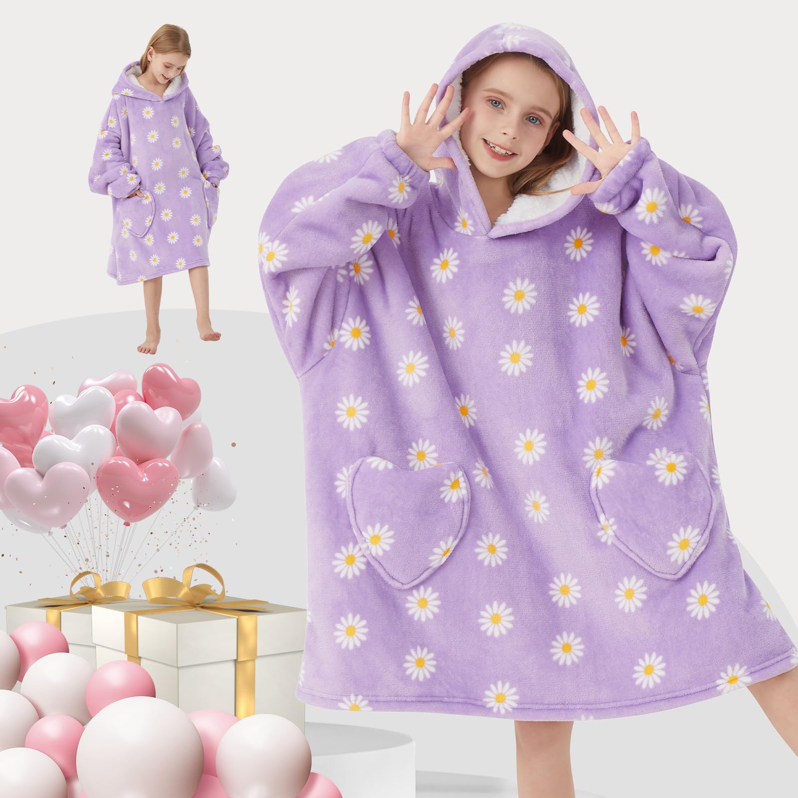 Wearable Blanket Hoodie for Kids Oversized Sherpa Blanket Hoodie for Kids Boys Girls Teens 6-13YR,Daisy