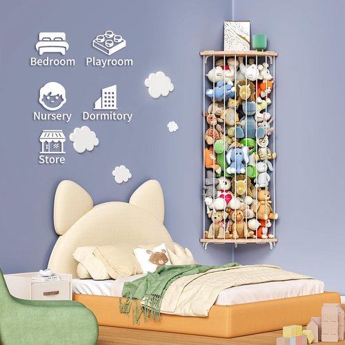 Zayysoha Corner Stuffed Animal Storage Zoo – Adjustable Natural Solid Wood Toy Organizer & Teddy Bear Holder – Large Wall Plushie Cage Shelf with Reinforced Star & Moon Cutouts for Nursery Kids Room