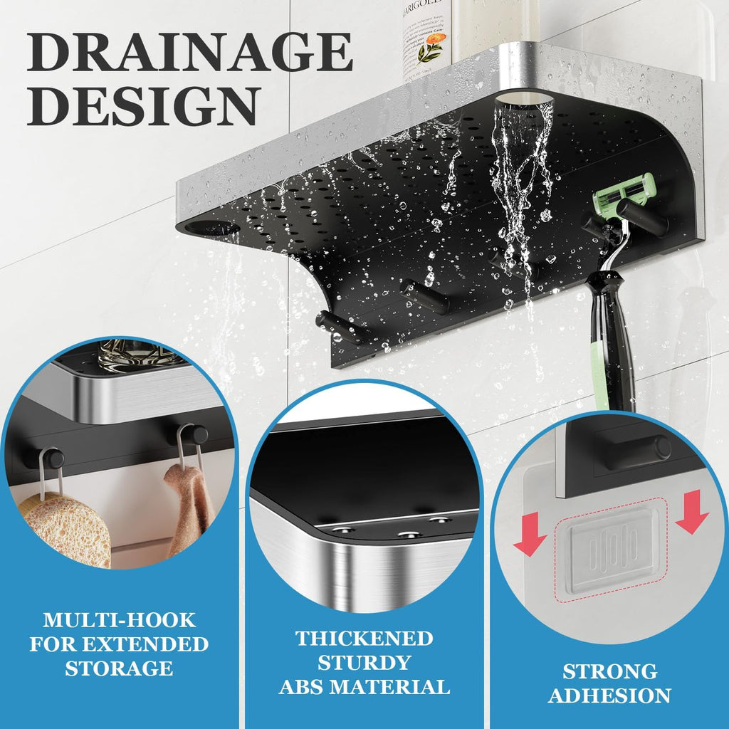 Skiennix Shower Caddy - Adhesive Bathroom Organizer with Hooks | Rustproof Silver Design