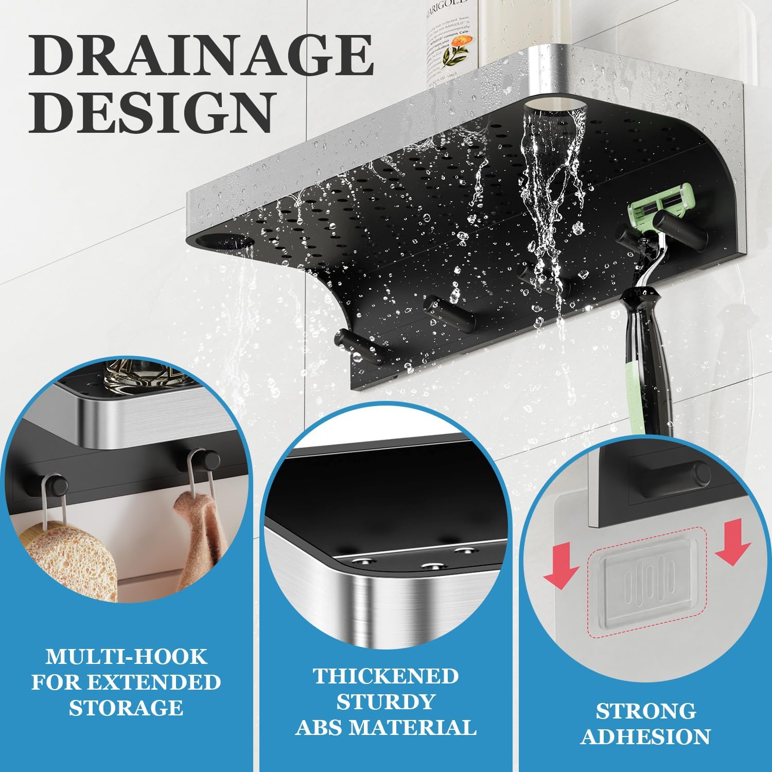Skiennix Shower Caddy - Adhesive Bathroom Organizer with Hooks | Rustproof Silver Design