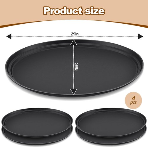 FillTouch 4 Pcs Restaurant Serving Trays PP Plastic Non Slip Rubber Lined Large Oval Tray for Kitchen Dining Room Cafeterias Fast Food Service (24 x 29 Inch,Black)