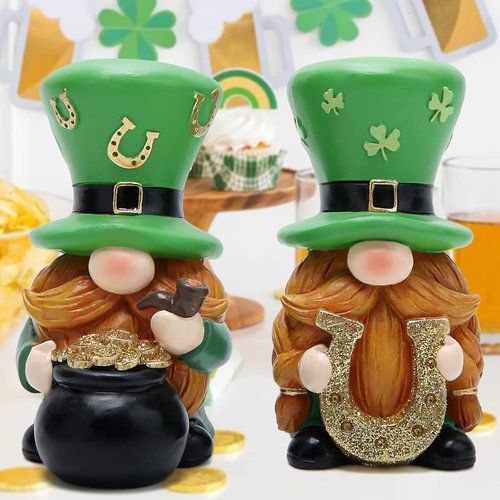 Hodao St. Patrick's Day Gnome Decorations - 2 PCS Green Elf Figurines for Home Table Decor