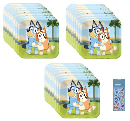 Amscan Bluey Birthday Party Supplies Bundle includes Dessert Cake Paper Plates - 24 Count and 1 Dinosaur Sticker Sheet
