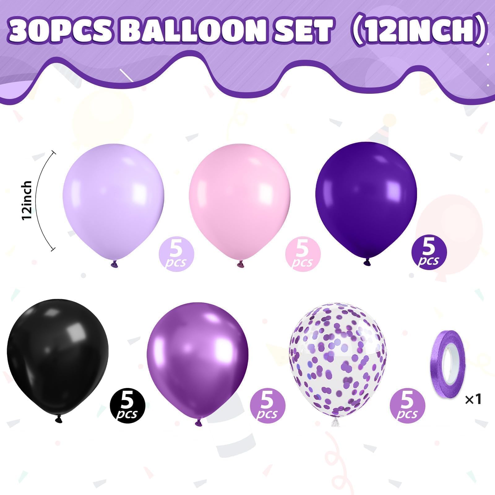 Purple Pink Black Balloons, 12 Inch Pink Black Macaron Dark Metallic Purple Confetti Balloons for Girls Women Wedding Bridal Shower Baby Shower Birthday Party Decorations