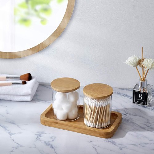 INIUNIK Glass Qtip Holder - Stylish Vanity Tray & Apothecary Jar Organizer for Bathroom Essentials