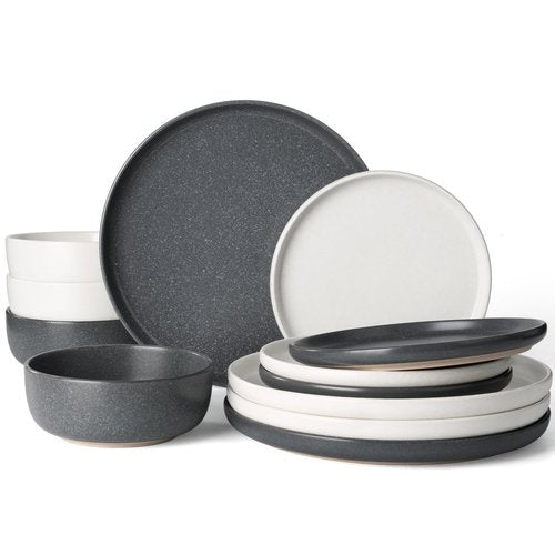 Famiware Milkyway Plates and Bowls Sets, 12 Pieces Dinnerware Sets, Reactive Glaze Dish Set, Stoneware Dishes Set for 4, Matte Beige White & Matte Dark Charcoal