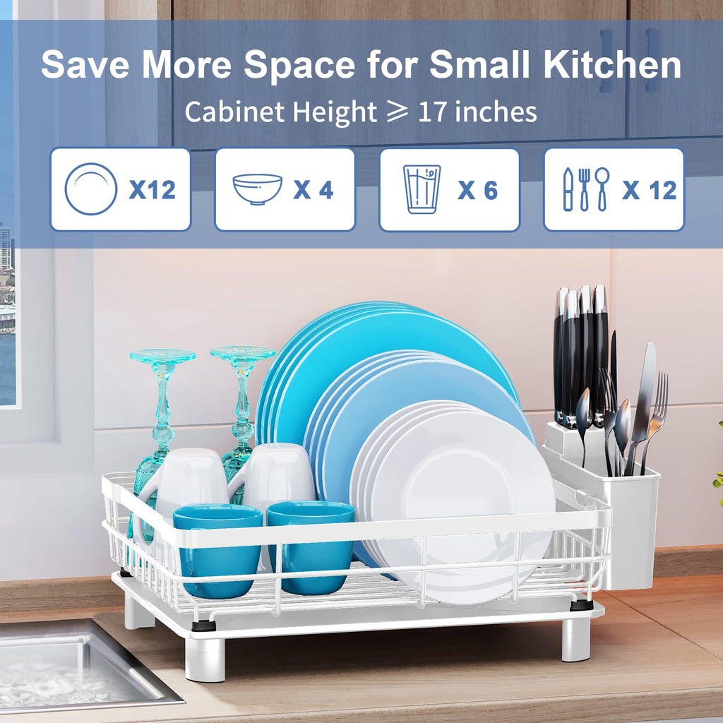 MOUKABAL Dish Drying Rack, Dish Rack, Stainless Steel Dish Racks for Kitchen Counter, Dish Drainer with Removable Utensil Holder, Drainboard (White,13''W x 17''L)