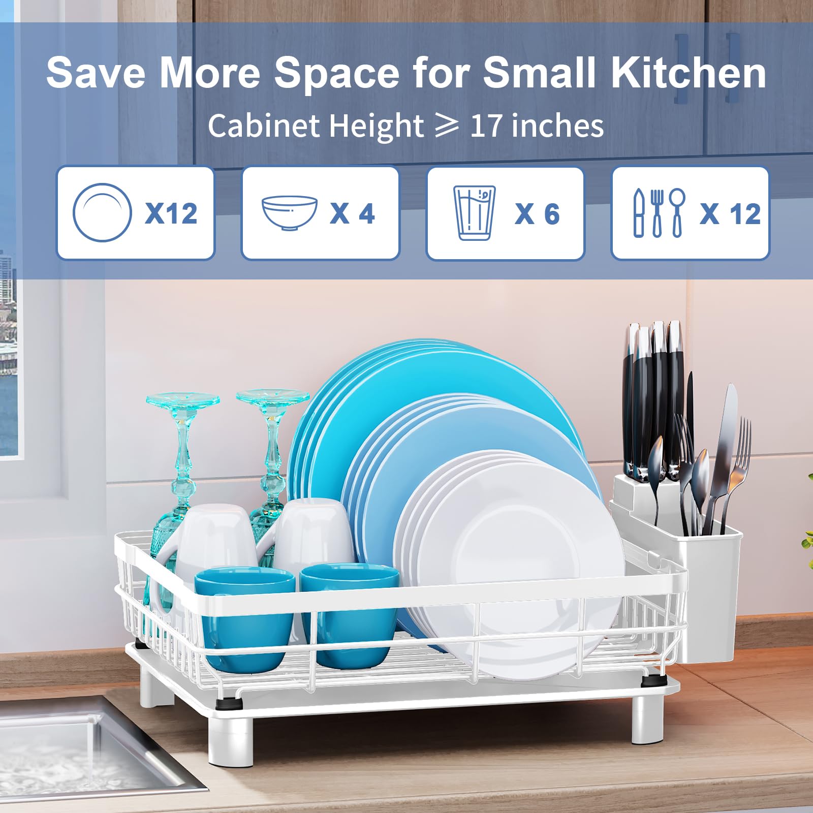 MOUKABAL Dish Drying Rack, Dish Rack, Stainless Steel Dish Racks for Kitchen Counter, Dish Drainer with Removable Utensil Holder, Drainboard (White,13''W x 17''L)