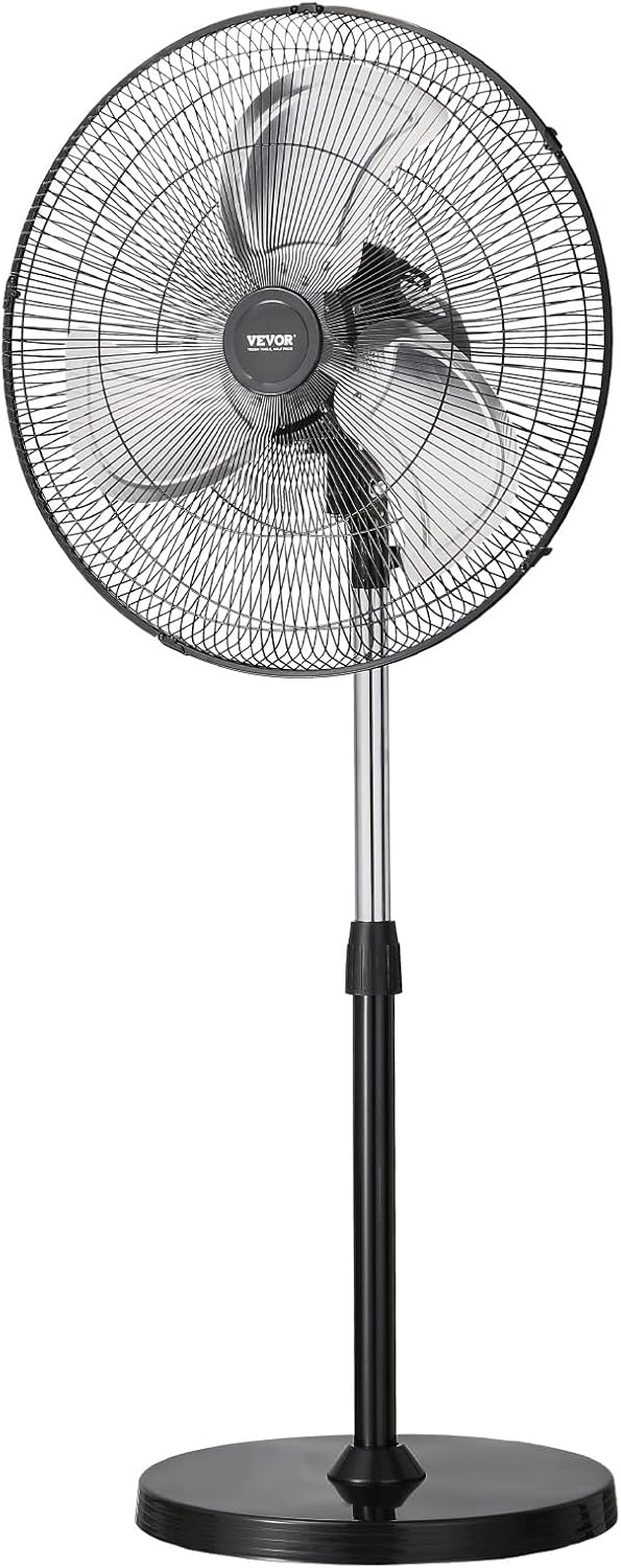VEVOR 20-Inch Industrial Pedestal Fan - Adjustable Height & 90-Degree Oscillation | Powerful Black Floor Fan for Warehouses & Garages