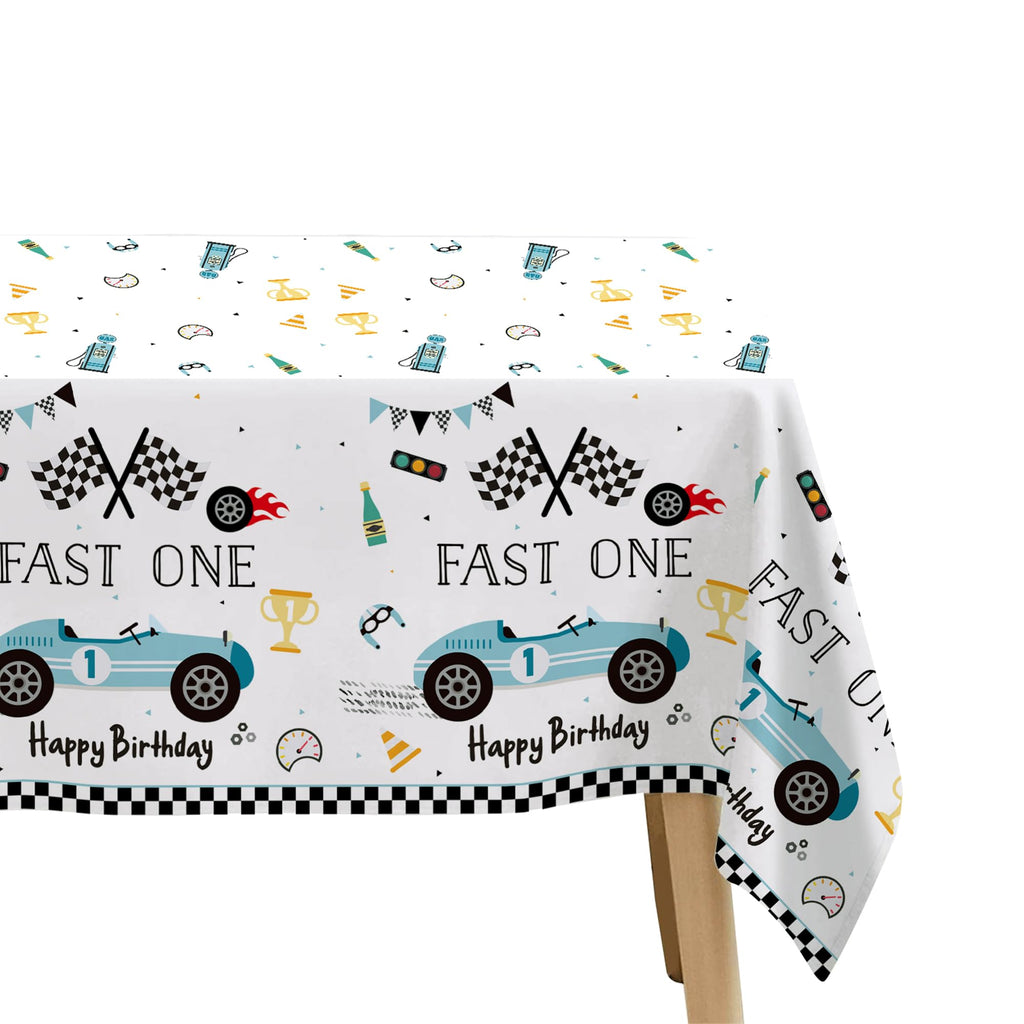 Suhelkit Fast One Birthday Decorations for Boys Tablecloth - Blue Race Car 1st Birthday Party Supplies Table Covers for Racing Car First | 3 Pack (54in x 108in)