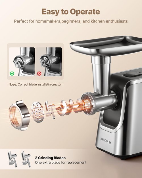 BRISDOOM Meat Grinder Electric 3000W Max with High-Efficiency Copper Motor, Auto-Reverse & Hidden Storage - 3-in-1 Sausage Stuffer & Kubbe Maker Making for Home Use, Stainless Steel