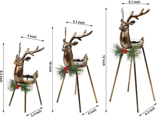 Juegoal Reindeer Tealight Candle Holders Set - Durable Iron Metal Christmas Decorations | Glass Votive Centerpiece