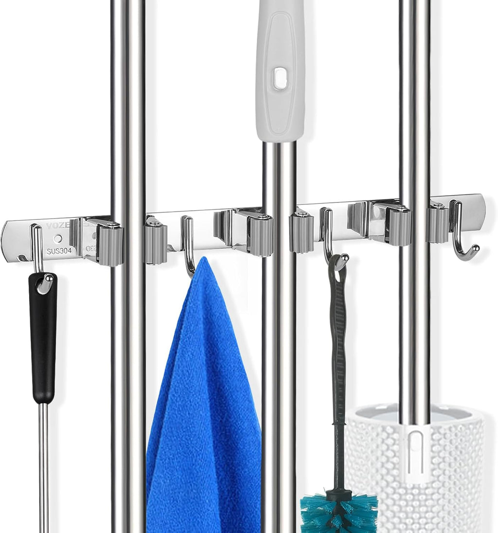 Voze Mop and Broom Holder - 3 Racks & 4 Hooks | Heavy-Duty Wall Mount Organizer for Home & Garage