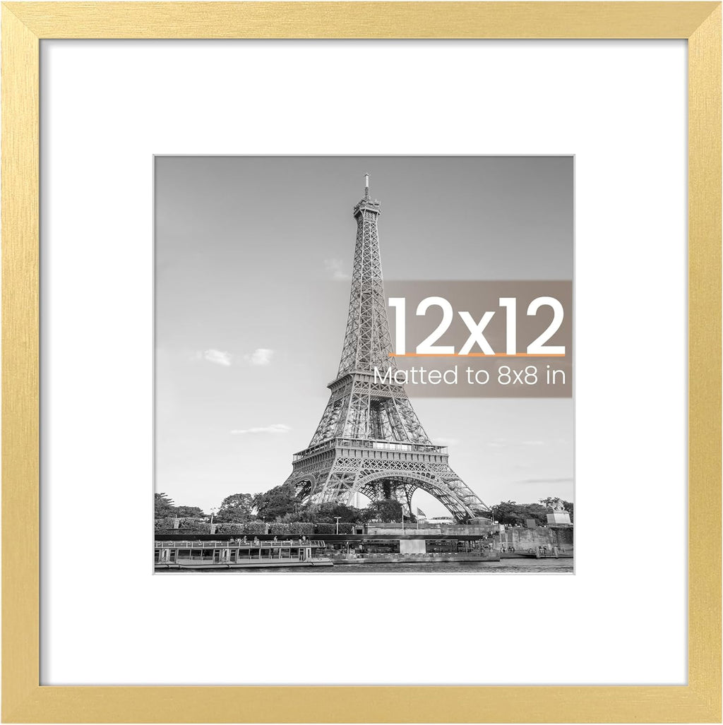 Upsimples 12x12 Picture Frame - Elegant Gold Wall Hanging Frame for 8x8 Photos with Mat