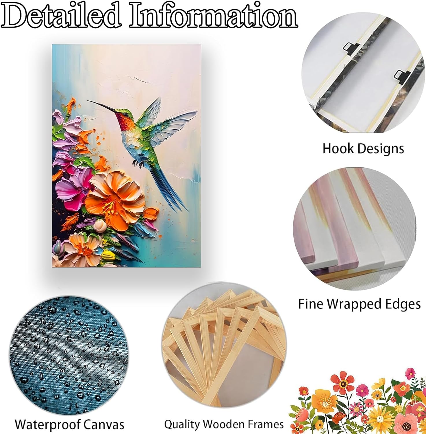 Skiennix Hummingbird Wall Art - Colorful 2D Canvas Print with Spring Flowers | 16x24 in Stretched Frame
