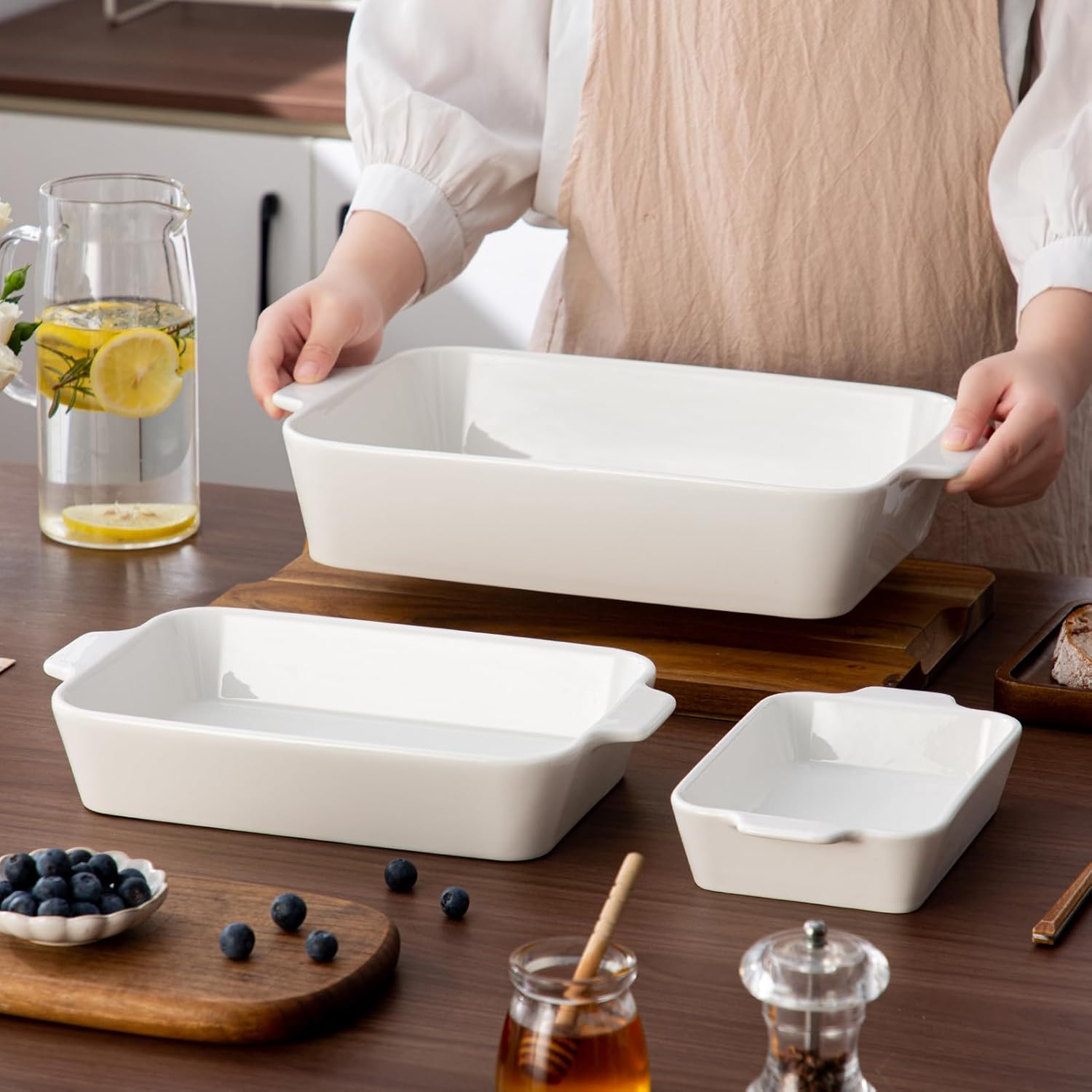 YUN TAO Casserole Dishes - 3-Piece Porcelain Bakeware Set with Handles | Deep Rectangular Lasagna Pans (15.1 Inch, White)