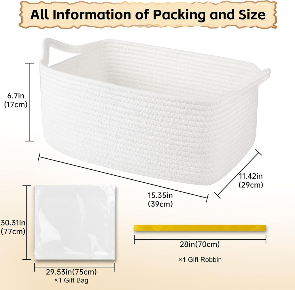 OIAHOMY Woven Storage Basket - 19L Gift Basket with Handles for Baby Showers & Nursery - White