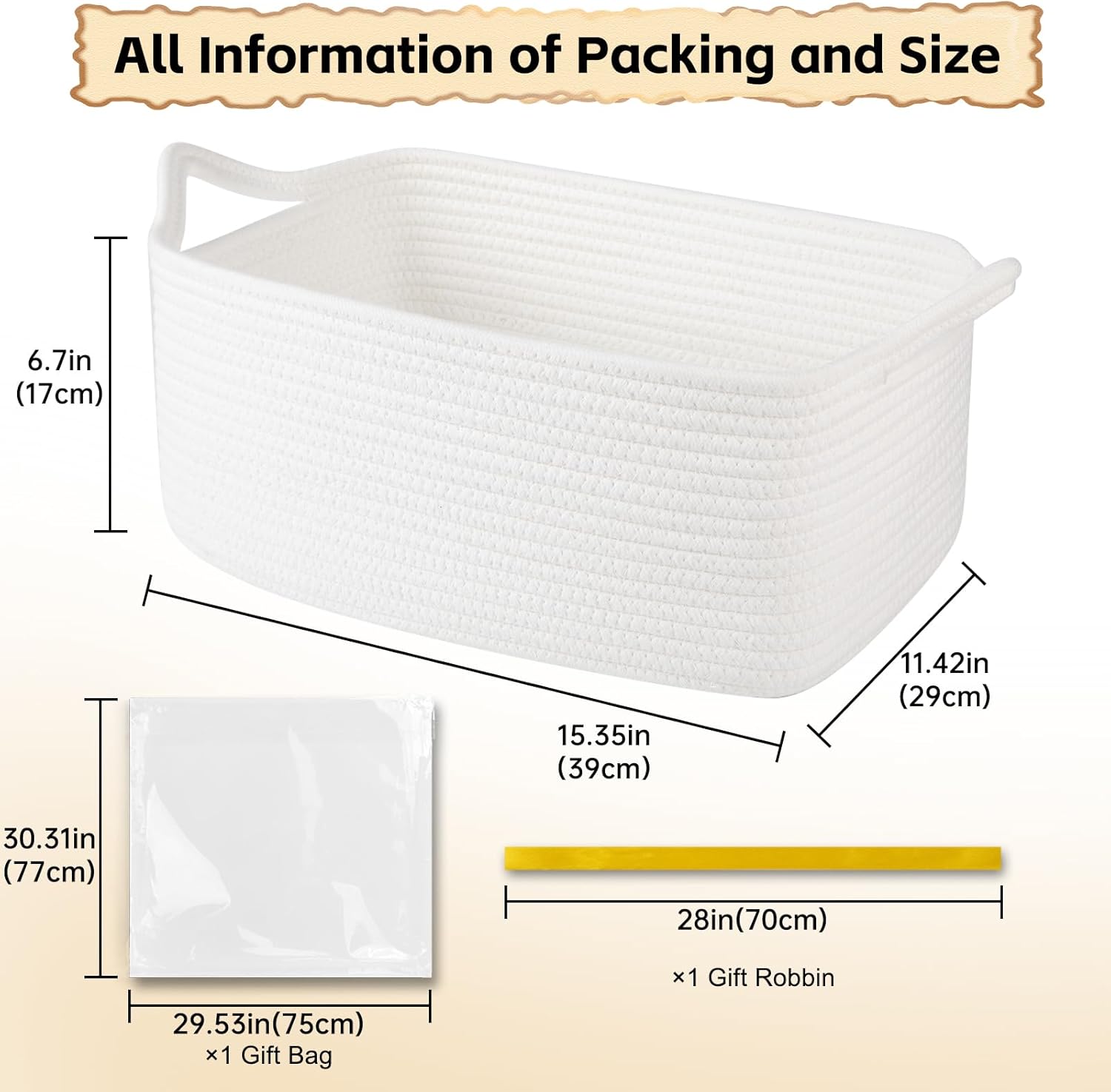 OIAHOMY Woven Storage Basket - 19L Gift Basket with Handles for Baby Showers & Nursery - White
