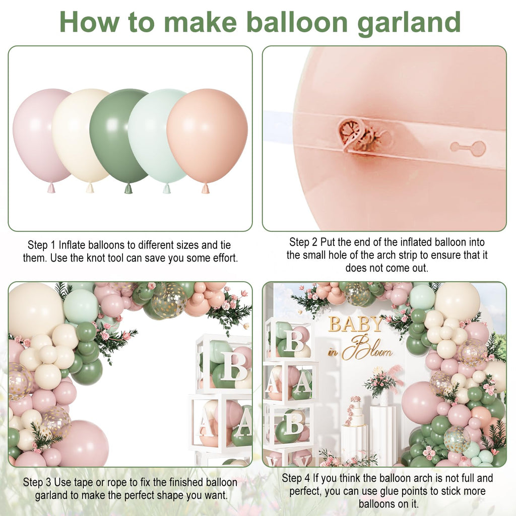153Pcs Pink and Sage Green Balloon Baby Shower Decorations for Girl