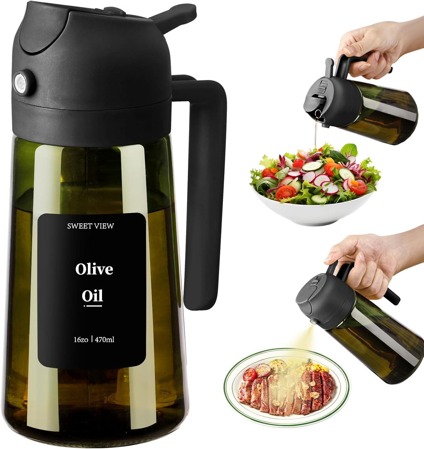 Sweet View Olive Oil Sprayer - 16oz Glass Light-Proof Oil Pourer for Cooking & BBQ
