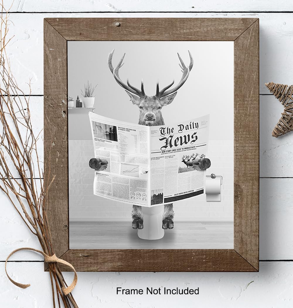 Skiennix Bathroom Wall Art - Deer Hunting Decor | Funny Elk Artwork for Men & Kids - Unframed Print