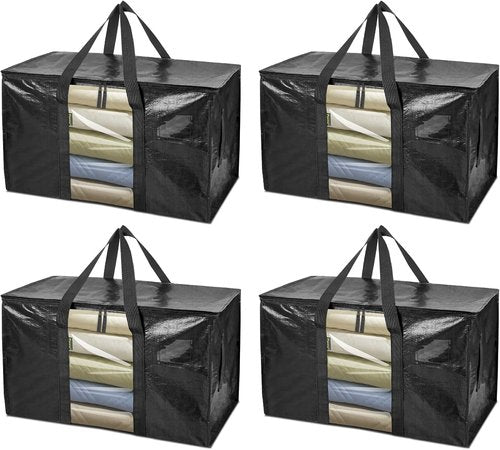 BALEINE 4-Pack Heavy-Duty Oversized Moving Bags - Reinforced Handles, Black w/Window